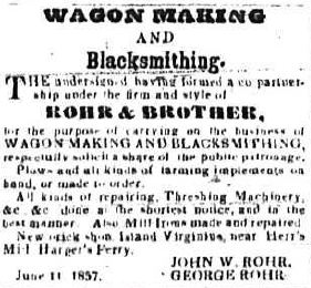 Advertisement for the Rohr Brothers' business, as it appeared in the Virginia Free Press, June, 1858.